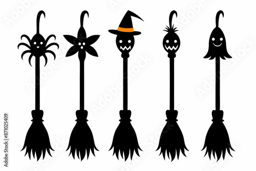 Witch brooms. Set of black silhouettes of brooms isolated on a white background. Vector illustration