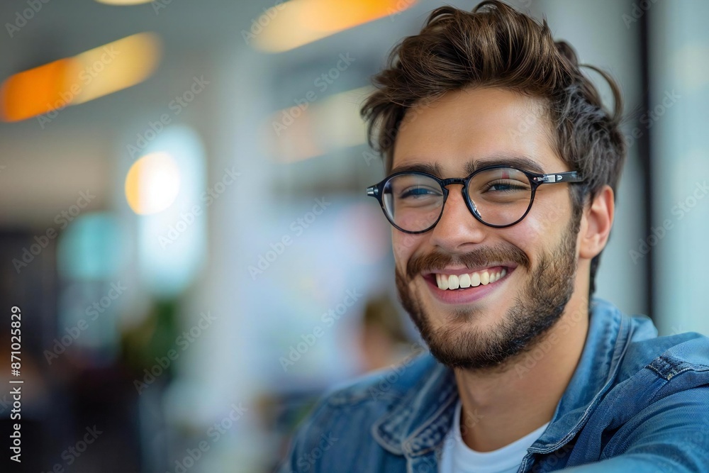 The beautiful young man with a well-groomed beard, smiling and laughing, is wearing eyeglasses while getting a shoulder massage at the spa. The beautiful young man with a well-groomed beard, smiling and laughing, is wearing eyeglasses while getting a shoulder massage at the spa.