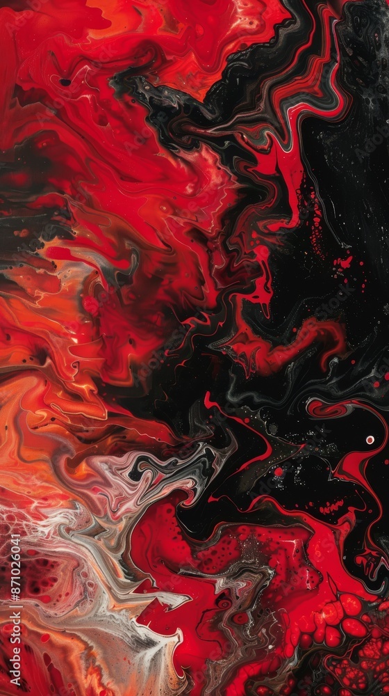 Abstract red and black fluid art painting with swirling patterns Abstract red and black fluid art painting with swirling patterns