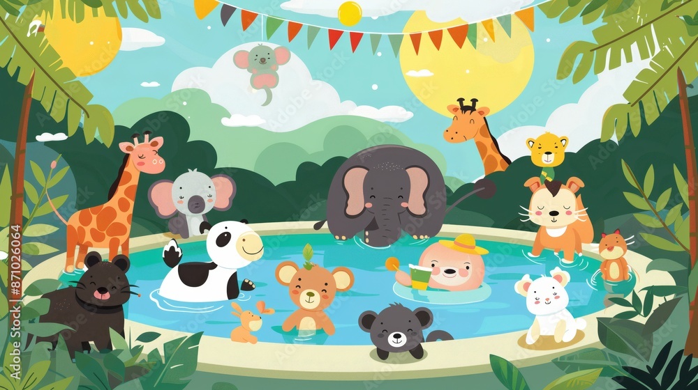 Obraz premium Cute Jungle Animals Enjoying a Pool Party with Colorful Flags and Palm Trees