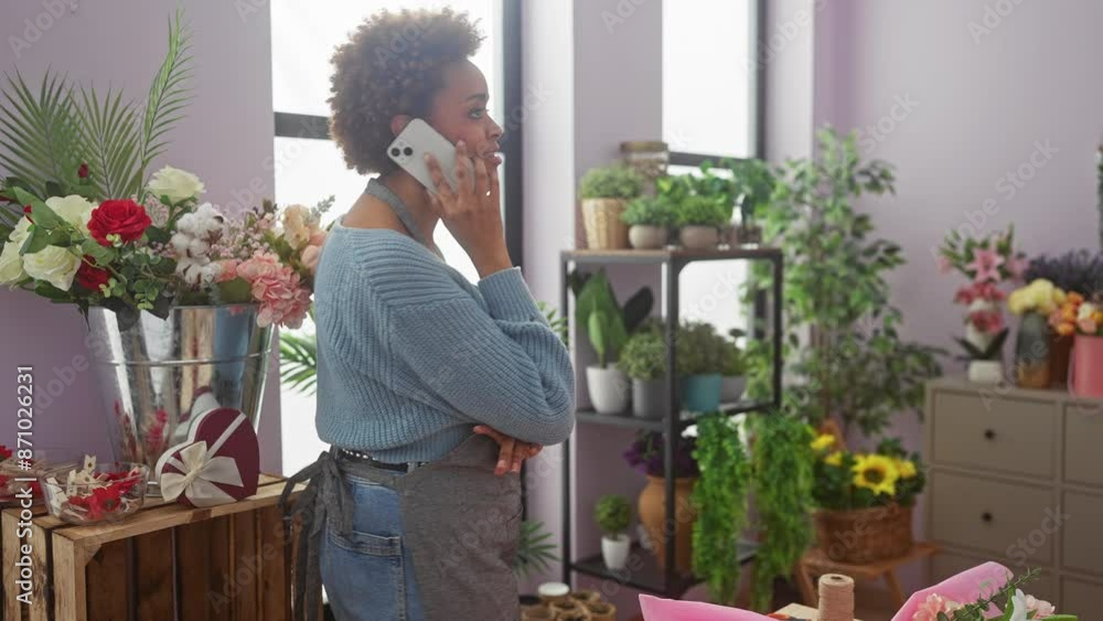 African american woman chatting on phone surrounded by colorful flowers in a cozy indoor flower shop African american woman chatting on phone surrounded by colorful flowers in a cozy indoor flower shop