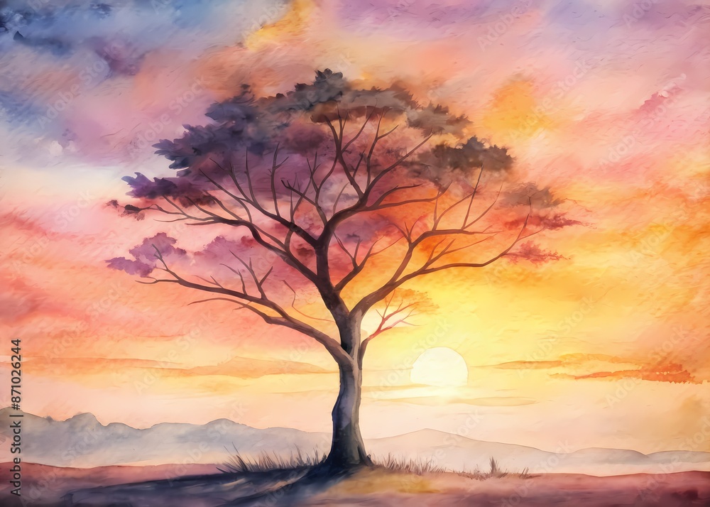 Ethereal silhouette of a lone tree stands majestically against a vibrant warm sunset, its delicate branches stretching towards the heavens, exuding peaceful serenity. Ethereal silhouette of a lone tree stands majestically against a vibrant warm sunset, its delicate branches stretching towards the heavens, exuding peaceful serenity.