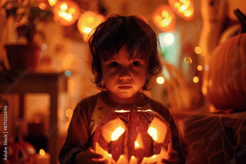 Child carrying a candle-lit pumpkin in a Halloween-themed room