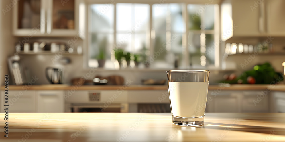 A glass of milk in the background of a kitchen A glass of milk in the background of a kitchen