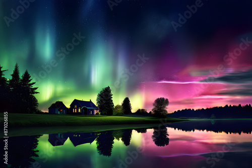  Nature's masterpiece unfolds across the night sky. The aurora borealis paints the canvas with radiant hues of green and pink, their ethereal forms gracefully dancing across the clear canvas.  © sehar