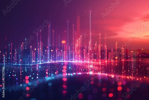 A cityscape with a purple and blue background and a red and blue foreground. The cityscape is filled with bright lights and dots, creating a sense of movement and energy