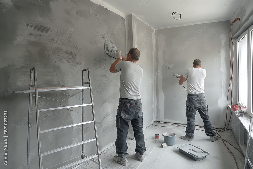 Two men are painting a room. One of them is using a painting while the other is using a brush Two men are painting a room. One of them is using a painting while the other is using a brush