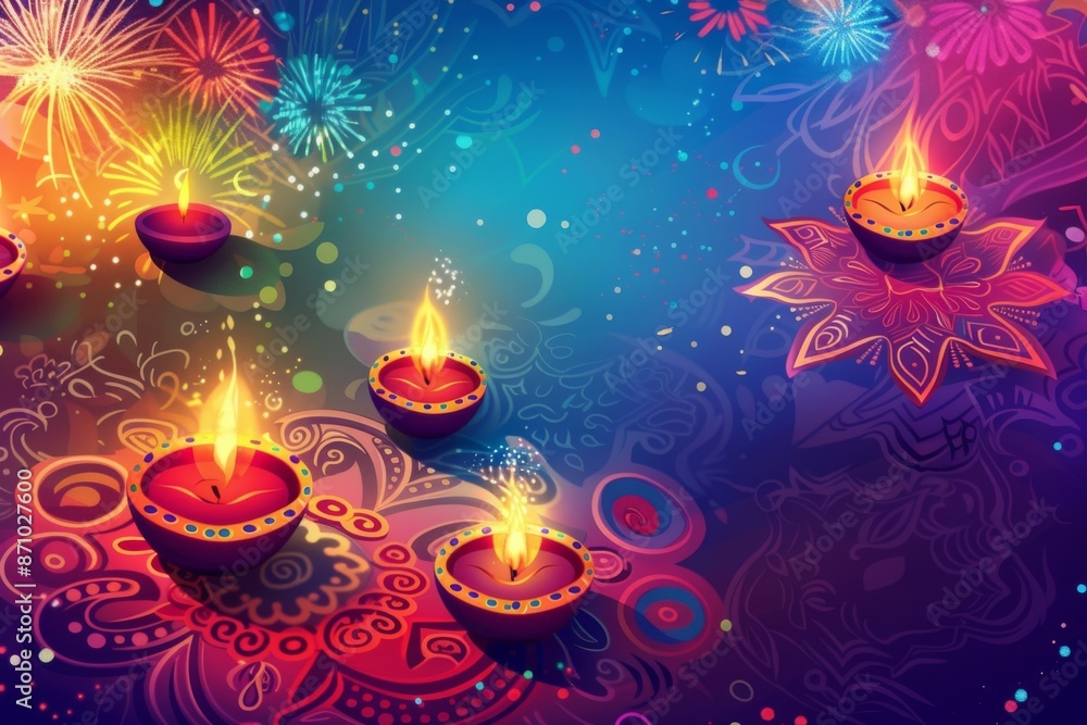 A colorful and lively Diwali celebration scene with intricate rangoli designs on the floor and fireworks illuminating the night sky. The atmosphere is filled with joy and festivity. A colorful and lively Diwali celebration scene with intricate rangoli designs on the floor and fireworks illuminating the night sky. The atmosphere is filled with joy and festivity.