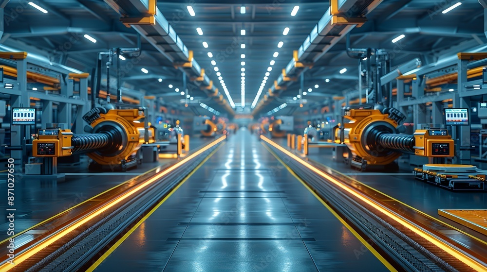 An illustration of a modern factory floor with advanced machinery and automated assembly lines, showcasing the future of manufacturing and industrial production. , Minimalism, An illustration of a modern factory floor with advanced machinery and automated assembly lines, showcasing the future of manufacturing and industrial production. , Minimalism,