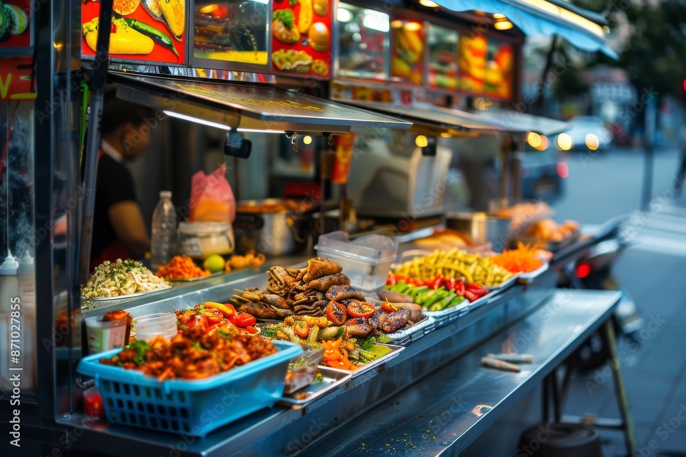 A colorful food cart serving a variety of mouth-watering street food, surrounded by lively signage. The aroma of sizzling delights wafts through the air, enticing passersby to stop and indulge. A colorful food cart serving a variety of mouth-watering street food, surrounded by lively signage. The aroma of sizzling delights wafts through the air, enticing passersby to stop and indulge.