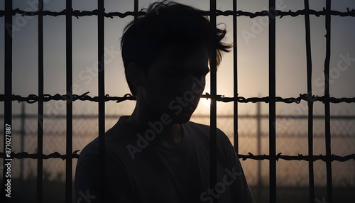 A man behind the fence with feeling of upset, sad, unhappy or disappoint crying and standing hopelessly. Young people mental health care problem lifestyle concept