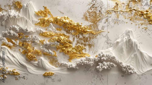 Volumetric stucco molding bas-relief on a concrete wall with golden elements, landscape, waterfall and mountains