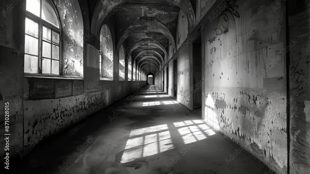 Shadows dance along the walls of the empty echoing space creating an eerie atmosphere. Black and white art Shadows dance along the walls of the empty echoing space creating an eerie atmosphere. Black and white art