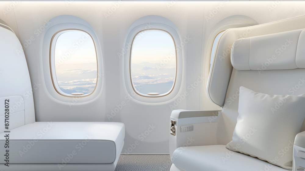 Fototapeta premium Ultra-luxurious first-class airplane seat with large windows, designed for corporate or leisure travelers, featuring premium comfort and modern aesthetics, ample copy space for promotional use