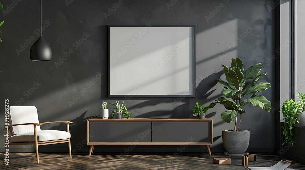 Interior of modern living room with grey walls, wooden floor, comfortable white armchair standing near coffee table and vertical mock up poster frame Interior of modern living room with grey walls, wooden floor, comfortable white armchair standing near coffee table and vertical mock up poster frame