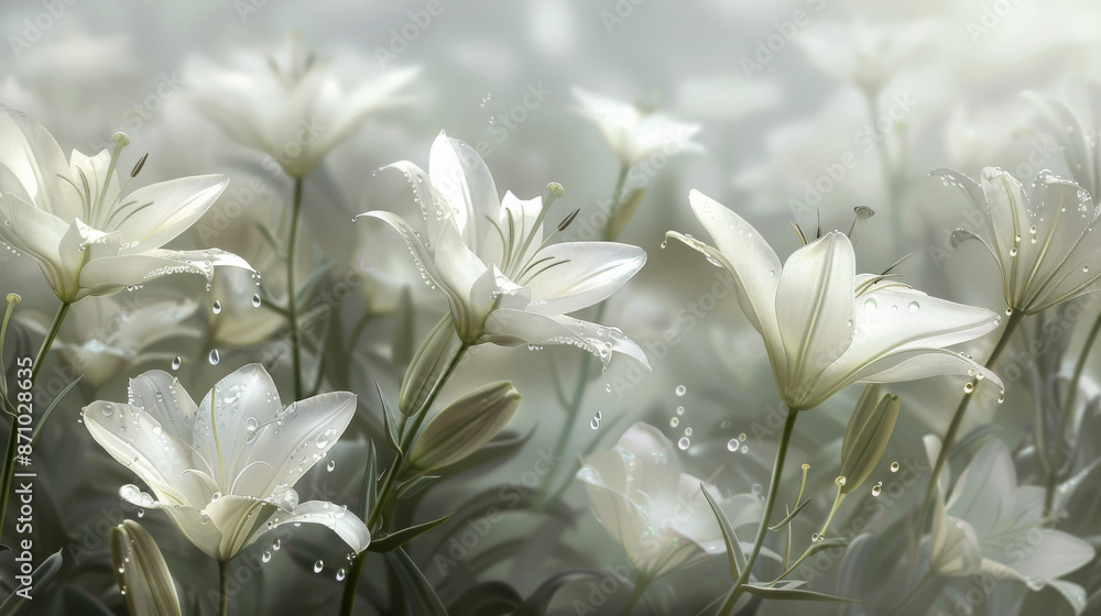 Fototapeta premium A field of white flowers with droplets of water on them