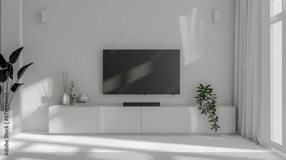 TV on the white wall in modern living room TV on the white wall in modern living room