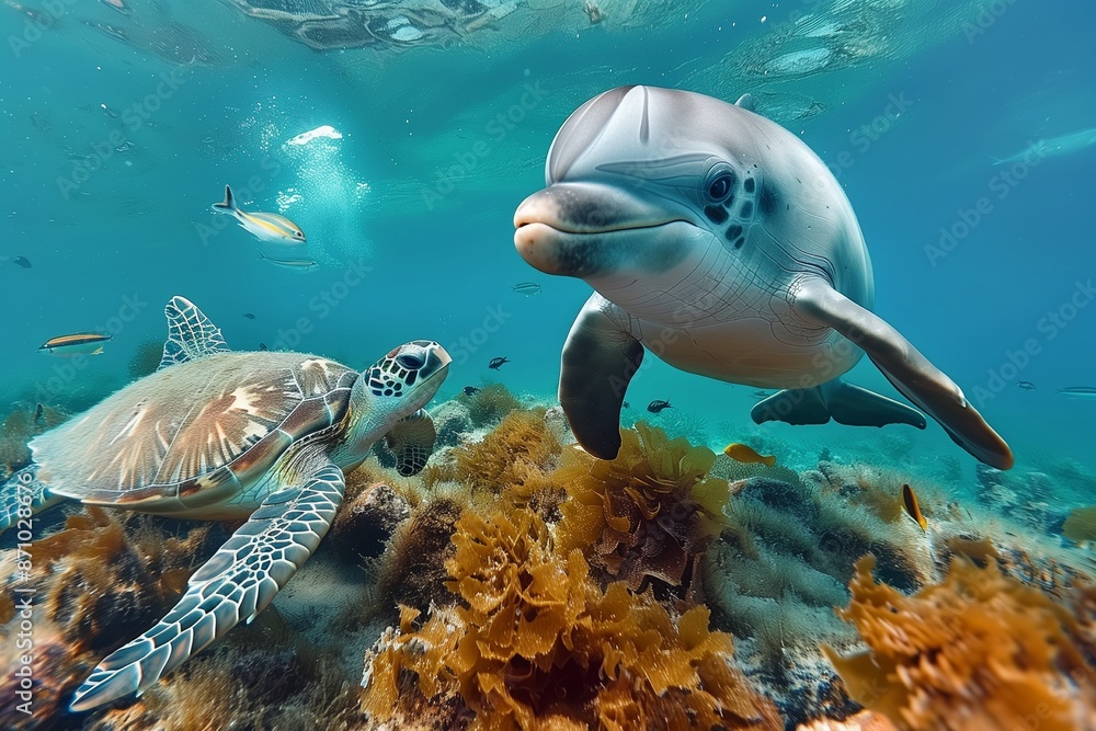 Fototapeta premium closeup dolphin and turtle underwater