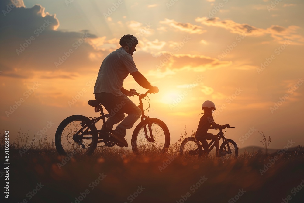 Fototapeta premium father and son ride a bike in the park