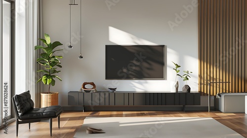 Modern living room interior with sofa, coffee table and black armchair. Mock up © Ali