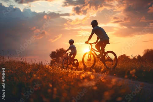 father and son ride a bike in the park