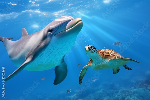 closeup dolphin and turtle underwater photo