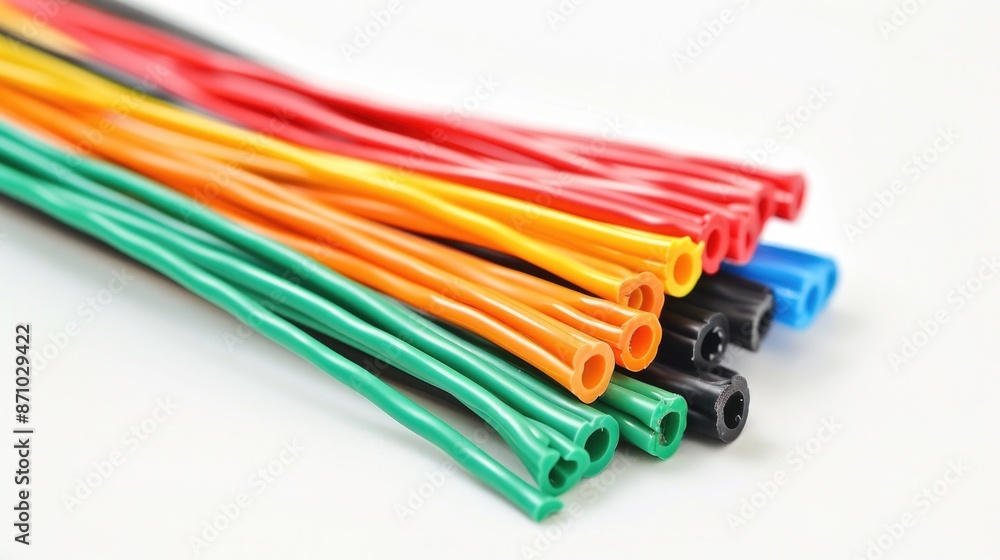 A collection of colorful wires laid out on a white surface, great for technology and innovation concepts A collection of colorful wires laid out on a white surface, great for technology and innovation concepts