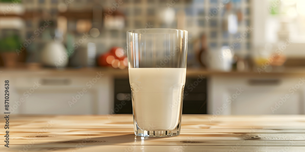 A glass of milk in the background of a kitchen A glass of milk in the background of a kitchen