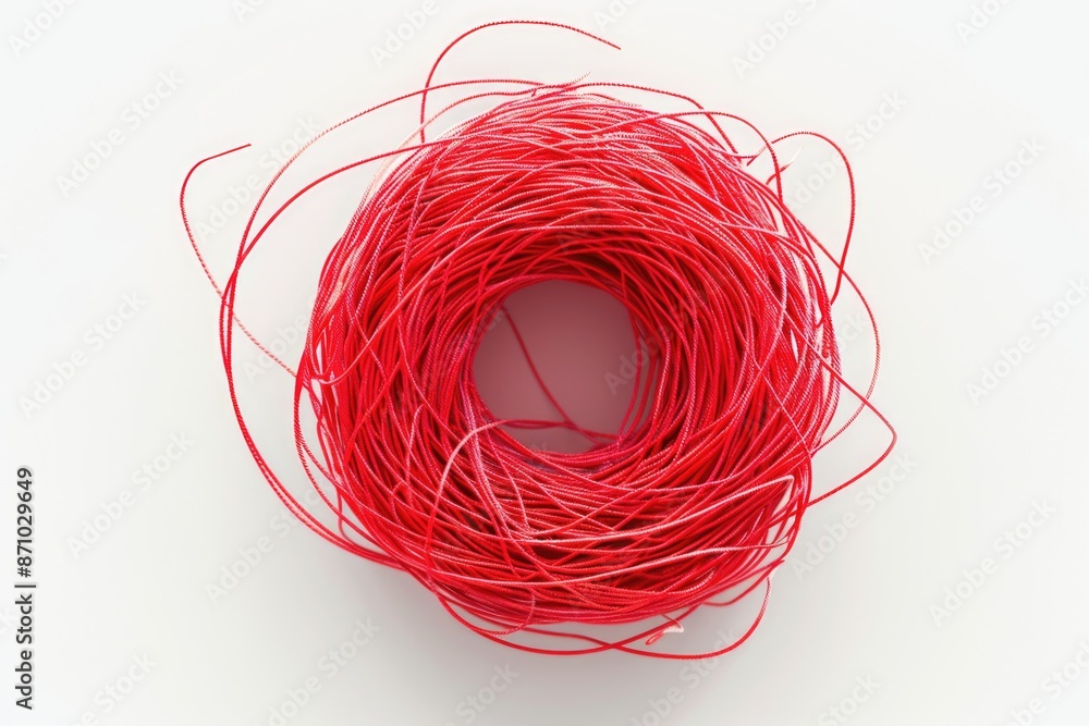 A spool of red thread on a plain white surface, perfect for use in crafting and DIY projects A spool of red thread on a plain white surface, perfect for use in crafting and DIY projects
