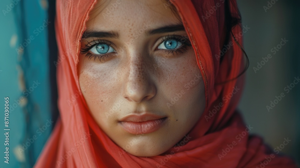 A close-up view of a woman's face, focusing on her expression and the bright red scarf she wears A close-up view of a woman's face, focusing on her expression and the bright red scarf she wears