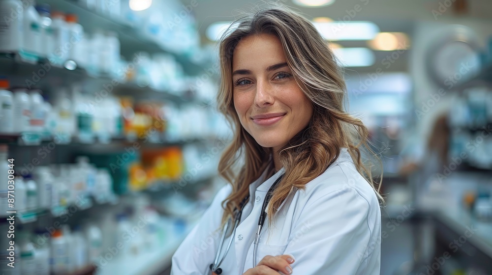 A confident female pharmacist with tousled hair and glasses stands with crossed arms in a well-lit pharmacy aisle, displaying various medical supplies and medication bottles. A confident female pharmacist with tousled hair and glasses stands with crossed arms in a well-lit pharmacy aisle, displaying various medical supplies and medication bottles.