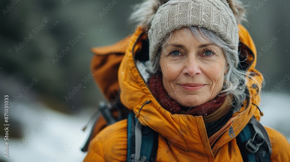 A senior woman dressed warmly in an orange puffer jacket and beanie, carrying a backpack in a snowy forest, embodying resilience and the spirit of adventure. A senior woman dressed warmly in an orange puffer jacket and beanie, carrying a backpack in a snowy forest, embodying resilience and the spirit of adventure.