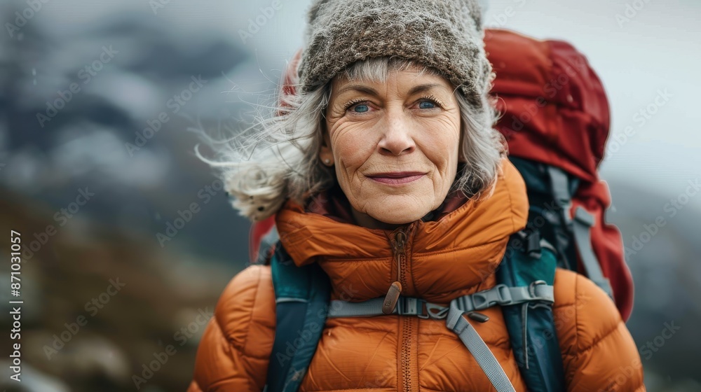 A senior woman wearing glasses and an orange jacket with a red backpack, standing in a snowy mountainous area, symbolizing determination and an active lifestyle.