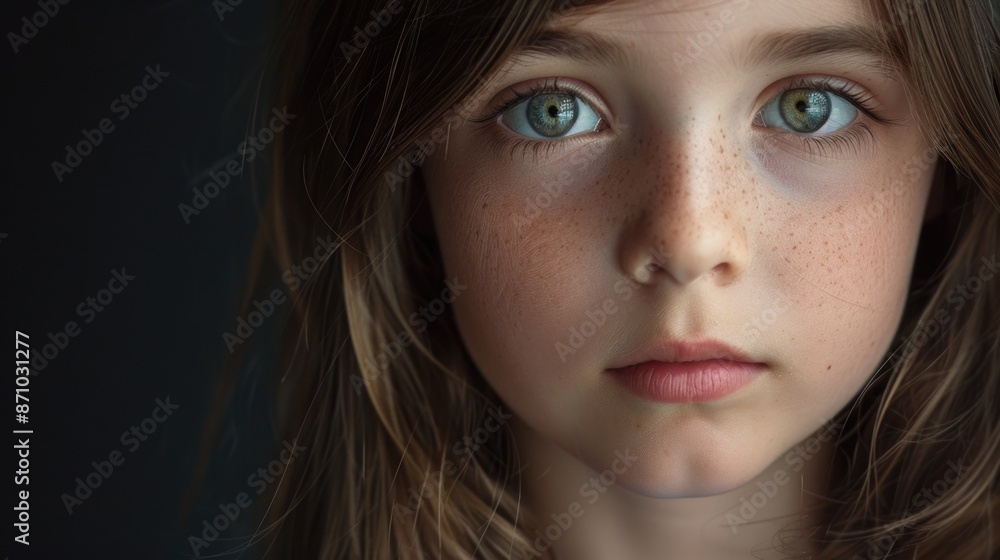 A close-up portrait of a young girl with distinct freckles on her face A close-up portrait of a young girl with distinct freckles on her face