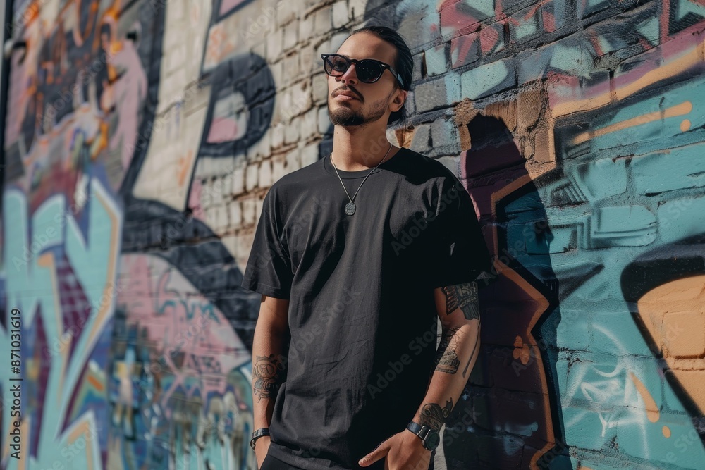 Fototapeta premium A casual photo of a man wearing sunglasses and an empty black t-shirt mockup standing confidently against a graffiti wall