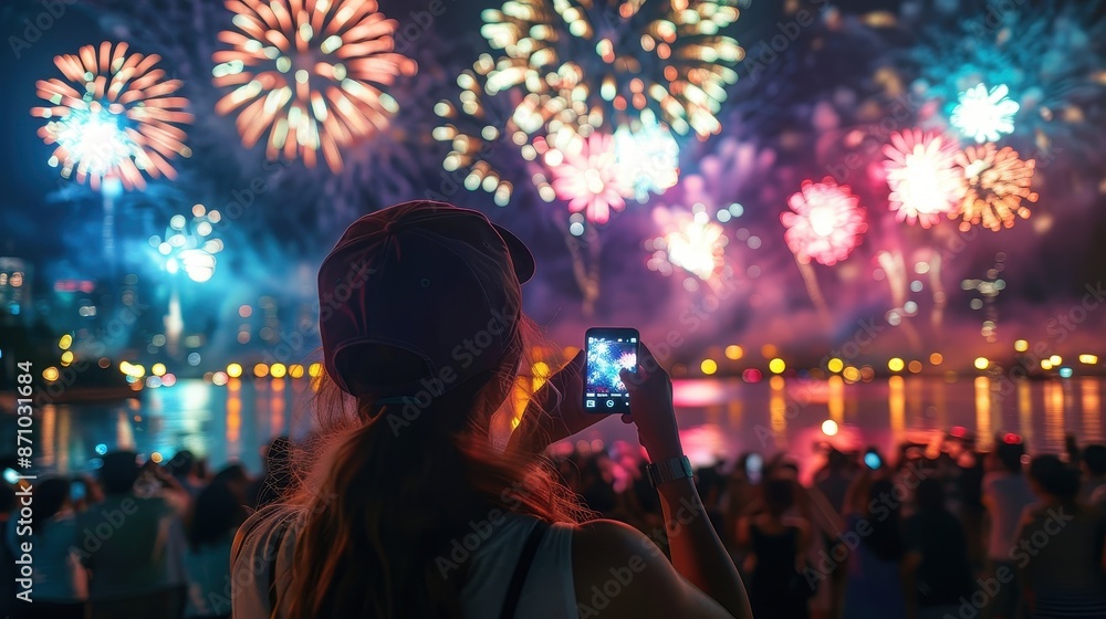 Fototapeta premium A person is taking a photo of a stunning fireworks display over a body of water at night, capturing the festive and exciting atmosphere with their smartphone.