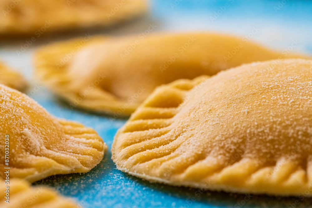 Hand made Ravioli noodles in close up view with soft bokeh background Hand made Ravioli noodles in close up view with soft bokeh background