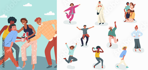 Illustration with a set of people, guys, girls, happily celebrating, waving and bouncing. Youth day, friendship day, hug day. Vector hand drawn illustration.