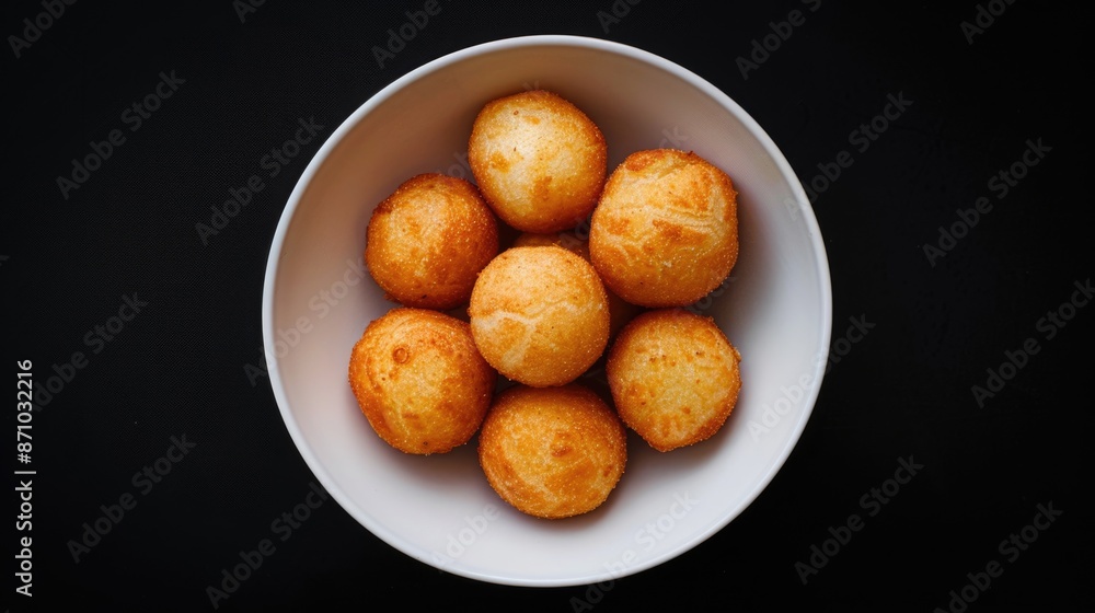 A white bowl filled with cheese balls served on a black table, perfect for parties or snacks A white bowl filled with cheese balls served on a black table, perfect for parties or snacks