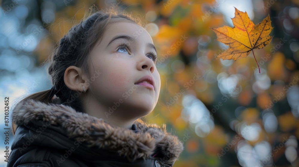 A young girl looks up in wonder as a leaf drifts through the air A young girl looks up in wonder as a leaf drifts through the air