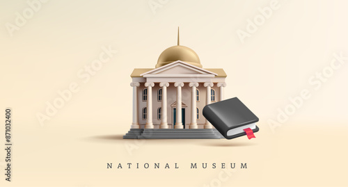 Realistic museum building and book, 3D. For advertising design concepts of museums, exhibitions, galleries, government buildings. Historic classical building with columns. Vector