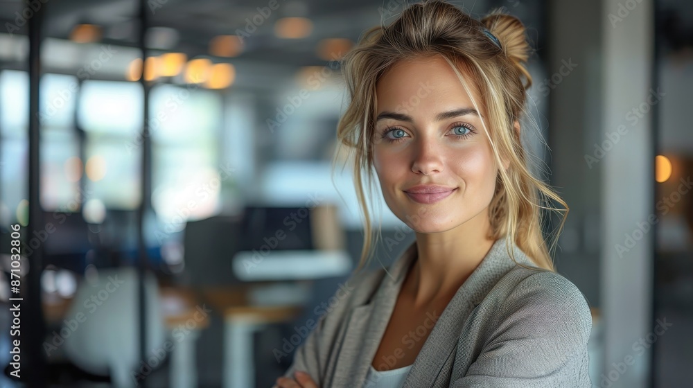 Inside a modern office, a confident woman with a welcoming smile looks at the camera, reflecting her professional attitude and the comfortable work environment. Inside a modern office, a confident woman with a welcoming smile looks at the camera, reflecting her professional attitude and the comfortable work environment.