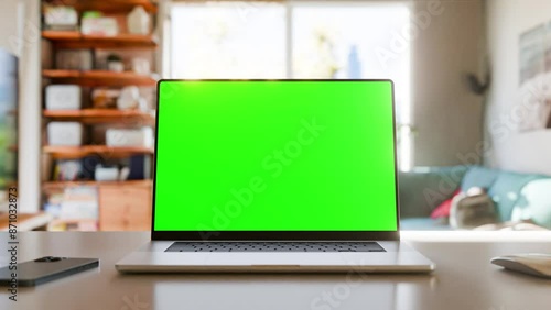 Wallpaper Mural Laptop with a green screen on a table in a bright home office. Perfect for inserting your own content. The camera rotates around the screen. The film includes a tracking layer and a luma matte layer. Torontodigital.ca