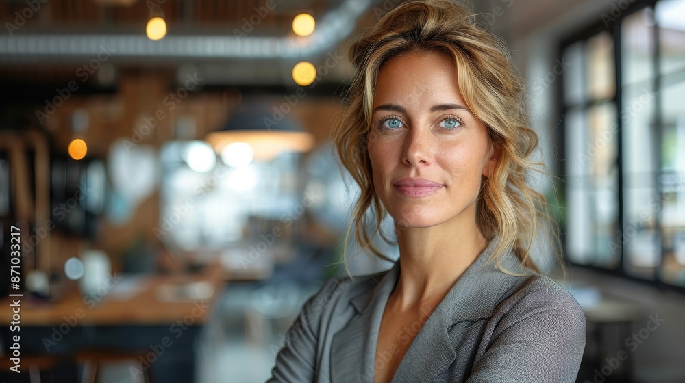 Successful businesswoman in a confident modern office, standing with assurance and crossed arms, symbolizing leadership and a poised professional demeanor in her grey blazer. Successful businesswoman in a confident modern office, standing with assurance and crossed arms, symbolizing leadership and a poised professional demeanor in her grey blazer.