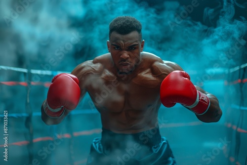 A dramatic image of a male boxer in a boxing ring, wearing bright red boxing gloves. Smoke fills the air, adding a sense of energy and anticipation to the scene