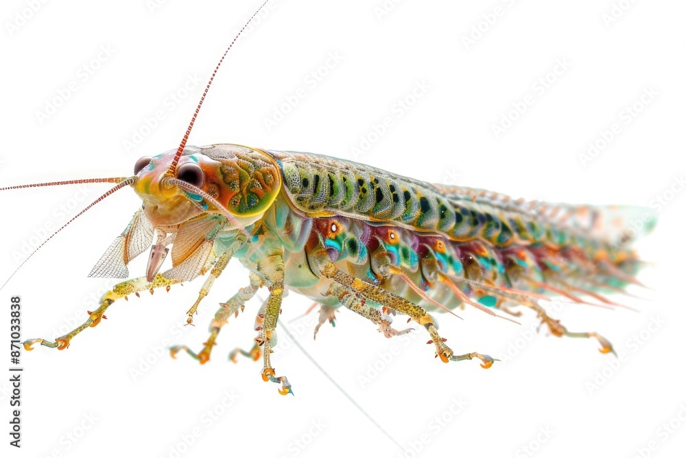 A close-up shot of a vibrant shrimp on a white background, perfect for use in food or science related projects A close-up shot of a vibrant shrimp on a white background, perfect for use in food or science related projects
