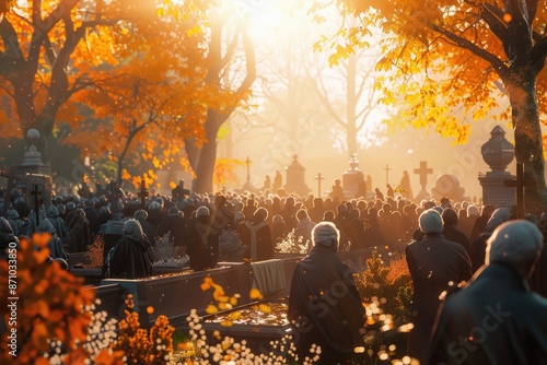 People gathered around a cemetery, possibly mourning or paying respects