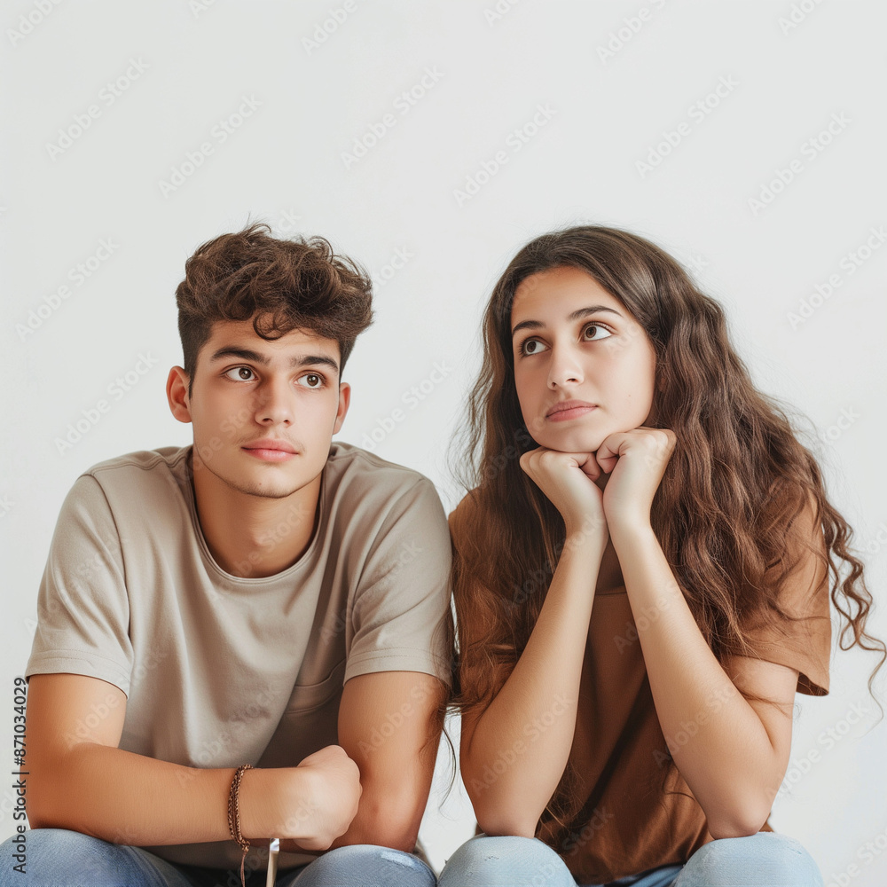 Beautiful young couple of boyfriend and girlfriend together with hand on chin thinking about question, pensive expression. smiling with thoughtful face. doubt concept Beautiful young couple of boyfriend and girlfriend together with hand on chin thinking about question, pensive expression. smiling with thoughtful face. doubt concept
