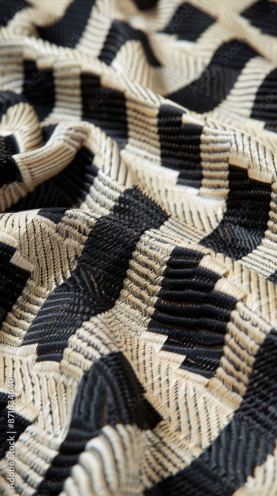 Close-up of black and white textured fabric with geometric pattern Close-up of black and white textured fabric with geometric pattern