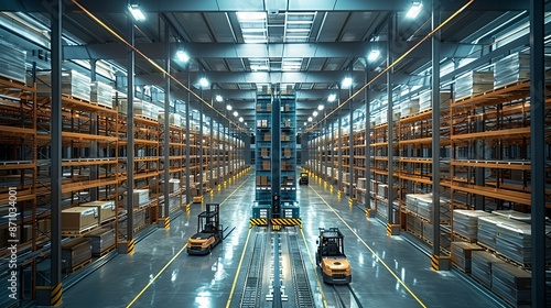 An artistic depiction of a logistics warehouse with automated storage and retrieval systems, forklifts, and conveyors, emphasizing the efficiency of modern logistics. , Minimalism,